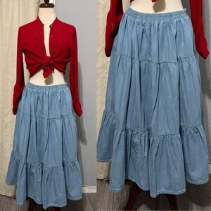 BDG Bohemian Denim Skirt Womens‎ M Tiered Prairie Cowgirl Elastic Waist Pull On